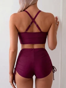 Swim Chiccia Women's Two Pieces Solid Color Slimming Tankini Bikini Set Set With Side Drawstring, Suitable For Beach, Resort, Casual Party - Red - View 2