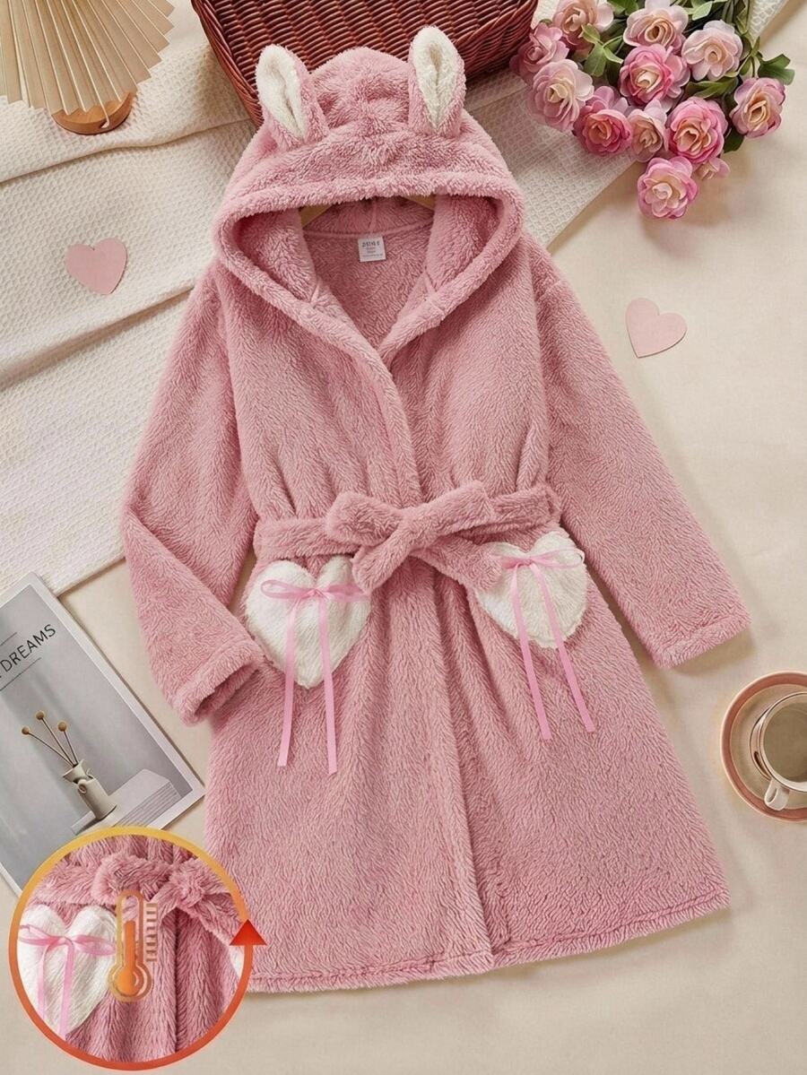 SHEIN 青少年女孩毛絨保暖內裡加厚簡約兔子圖案可愛愛心拼接長款居家服 - 淺粉色 - 查看 1