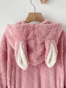 SHEIN 青少年女孩毛絨保暖內裡加厚簡約兔子圖案可愛愛心拼接長款居家服 - 淺粉色 - 查看 6