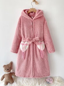 SHEIN 青少年女孩毛絨保暖內裡加厚簡約兔子圖案可愛愛心拼接長款居家服 - 淺粉色 - 查看 3