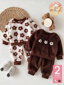 SHEIN 2pcs Baby Girls Sweatshirt Pants Cute Sweet Brown Fuzzy 3D Floral Print Long Sleeve Round Neck Thick Birthday Party Winter Christmas Holiday Plush - Multicolor - View 3