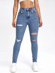 SHEIN EZwear 黑色斜口袋破洞緊身牛仔褲 日常校園秋季休閒街頭風 - 藍色 - 查看 4