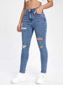 SHEIN EZwear 黑色斜口袋破洞緊身牛仔褲 日常校園秋季休閒街頭風 - 藍色 - 查看 5