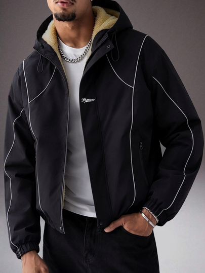 PAVTROS Jaket Olahraga Pria Berlapisan Termal, Hitam & Putih dengan Jahitan Kontras, Potongan Longgar, Berkerudung, dan Resleting, Pakaian Luar Musim Gugur/Dingin dengan Cetakan Huruf, Pakaian Jalanan Musim Gugur/Dingin