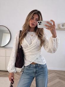 Serisse Women's Sweet Fashion Lace Criss-Cross Pleated Long Sleeve Blouse,Fall/Winter Elegant Formal Luxury Business Chic Basic Back To School - Apricot - View 5