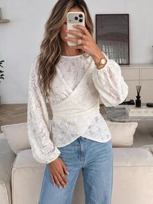 Serisse Women's Sweet Fashion Lace Criss-Cross Pleated Long Sleeve Blouse,Fall/Winter Elegant Formal Luxury Business Chic Basic Back To School - Apricot - View 4