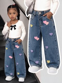 SHEIN Playful Pals 女童牛仔長褲 全季款 柔軟棉質 休閒牛仔女郎風 西部時尚 百搭舒適 極簡全鬆緊腰頭 經典五口袋 - 中等水洗藍 - 查看 8