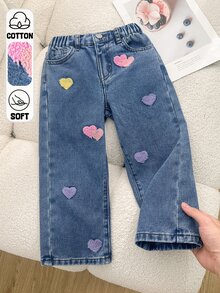 SHEIN Playful Pals 女童牛仔長褲 全季款 柔軟棉質 休閒牛仔女郎風 西部時尚 百搭舒適 極簡全鬆緊腰頭 經典五口袋 - 中等水洗藍 - 查看 2