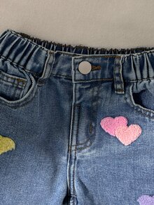 SHEIN Playful Pals 女童牛仔長褲 全季款 柔軟棉質 休閒牛仔女郎風 西部時尚 百搭舒適 極簡全鬆緊腰頭 經典五口袋 - 中等水洗藍 - 查看 5