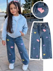 SHEIN Playful Pals 女童牛仔長褲 全季款 柔軟棉質 休閒牛仔女郎風 西部時尚 百搭舒適 極簡全鬆緊腰頭 經典五口袋 - 中等水洗藍 - 查看 1