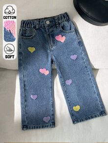 SHEIN Playful Pals 女童牛仔長褲 全季款 柔軟棉質 休閒牛仔女郎風 西部時尚 百搭舒適 極簡全鬆緊腰頭 經典五口袋 - 中等水洗藍 - 查看 3