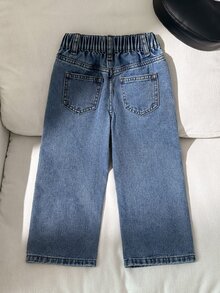 SHEIN Playful Pals 女童牛仔長褲 全季款 柔軟棉質 休閒牛仔女郎風 西部時尚 百搭舒適 極簡全鬆緊腰頭 經典五口袋 - 中等水洗藍 - 查看 4