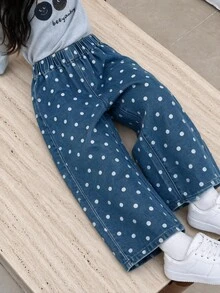 女童藍白波點寬腿牛仔褲，水洗丹寧，寬鬆直筒褲腿，時尚百搭休閒牛仔西部風 100% 棉長褲，夏季 - 中等水洗藍 - 查看 1