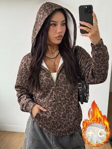 Coolane 女款與男款秋冬街頭風休閒 Y2K 日常穿著復古圖案豹紋保暖拉鍊連帽寬鬆長袖衛衣 - 棕色 - 查看 1