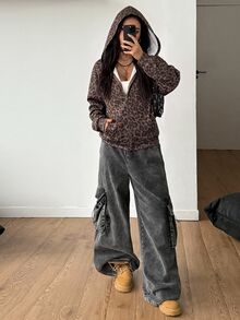 Coolane 女款與男款秋冬街頭風休閒 Y2K 日常穿著復古圖案豹紋保暖拉鍊連帽寬鬆長袖衛衣 - 棕色 - 查看 2