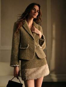 MOTF PREMIUM WOMEN'S ELEGANT TWEED COAT WITH LAPEL NECK, LONG SLEEVES, RIBBON TRIM AND SINGLE-BREASTED BUTTONS - Coffee Brown - View 7