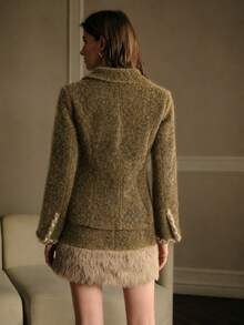 MOTF PREMIUM WOMEN'S ELEGANT TWEED COAT WITH LAPEL NECK, LONG SLEEVES, RIBBON TRIM AND SINGLE-BREASTED BUTTONS - Coffee Brown - View 5