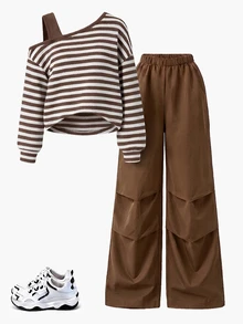 SHEIN Tween Girls Brown Striped Asymmetrical Shoulder Cropped Sweatshirt With Solid Color Wide Leg Pants 2 Pieces Set, Autumn - Brown - View 3