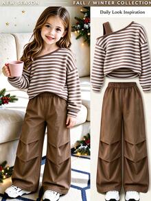 SHEIN Tween Girls Brown Striped Asymmetrical Shoulder Cropped Sweatshirt With Solid Color Wide Leg Pants 2 Pieces Set, Autumn - Brown - View 1