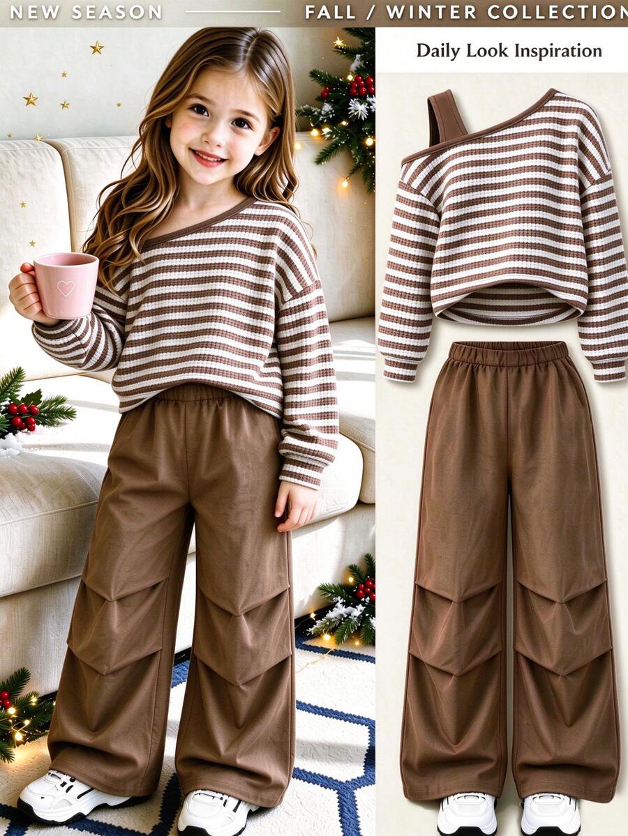SHEIN Tween Girls Brown Striped Asymmetrical Shoulder Cropped Sweatshirt With Solid Color Wide Leg Pants 2 Pieces Set, Autumn - Brown - View 1
