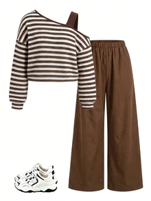 SHEIN Tween Girls Brown Striped Asymmetrical Shoulder Cropped Sweatshirt With Solid Color Wide Leg Pants 2 Pieces Set, Autumn - Brown - View 2