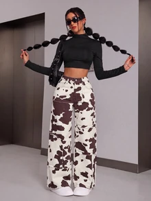 SHEIN PETITE Celana Jeans Wanita Pinggang Tinggi Motif Sapi Kaki Lebar - MultiWarna - View 6