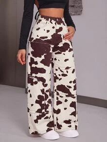 SHEIN PETITE Celana Jeans Wanita Pinggang Tinggi Motif Sapi Kaki Lebar - MultiWarna - View 5