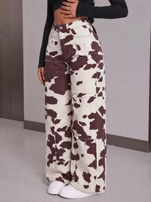 SHEIN PETITE Celana Jeans Wanita Pinggang Tinggi Motif Sapi Kaki Lebar - MultiWarna - View 7
