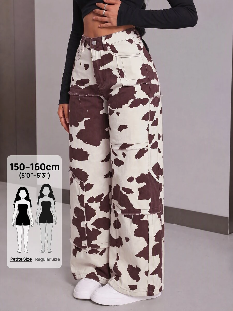 SHEIN PETITE Celana Jeans Wanita Pinggang Tinggi Motif Sapi Kaki Lebar - MultiWarna - View 1
