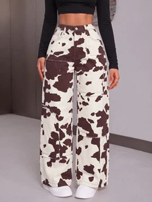 SHEIN PETITE Celana Jeans Wanita Pinggang Tinggi Motif Sapi Kaki Lebar - MultiWarna - View 4