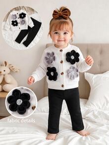 SHEIN BABY Girls 2pcs Autumn 3D Floral Decor Button Front Cardigan Sweatshirt Long Sleeve Tops Elastic Waist Pants Set Clothing Family White Black - White - View 2