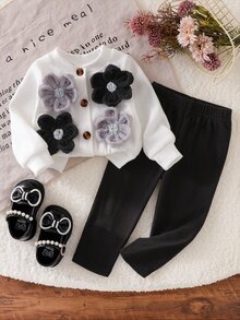 SHEIN BABY Girls 2pcs Autumn 3D Floral Decor Button Front Cardigan Sweatshirt Long Sleeve Tops Elastic Waist Pants Set Clothing Family White Black - White - View 4