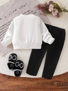 SHEIN BABY Girls 2pcs Autumn 3D Floral Decor Button Front Cardigan Sweatshirt Long Sleeve Tops Elastic Waist Pants Set Clothing Family White Black - White - View 3