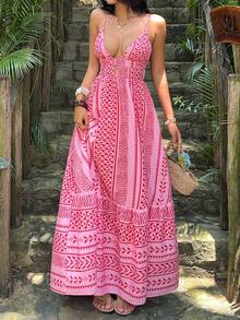 Sunnyshic Women's Deep V-Neck Spaghetti Strap Backless Ruched Hem Floral Print Dress, Sexy Boho Sweet Beach Vacation Vacation Style, Summer Dark Pink - Pink - View 4