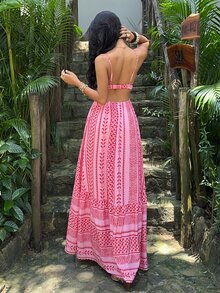 Sunnyshic Women's Deep V-Neck Spaghetti Strap Backless Ruched Hem Floral Print Dress, Sexy Boho Sweet Beach Vacation Vacation Style, Summer Dark Pink - Pink - View 2