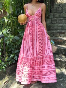 Sunnyshic Women's Deep V-Neck Spaghetti Strap Backless Ruched Hem Floral Print Dress, Sexy Boho Sweet Beach Vacation Vacation Style, Summer Dark Pink - Pink - View 6