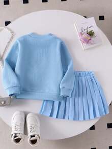 Genkimix Kids Young Girs 2pcs Autumn/Winter Light Blue Waffle Knit Sweater Top With Multi Colorful Ribbon Bowknot Accent And Pleated Skirt Set Cute Fall Clothing - Blue - View 2