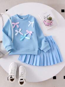 Genkimix Kids Young Girs 2pcs Autumn/Winter Light Blue Waffle Knit Sweater Top With Multi Colorful Ribbon Bowknot Accent And Pleated Skirt Set Cute Fall Clothing - Blue - View 4