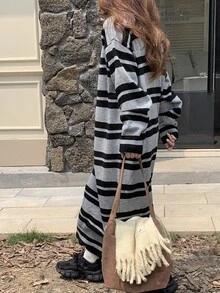 DAZY Women's Casual Loose Fit Round Neck Long Sleeve Striped Sweater Dress, Fall/Winter - Multicolor - View 6