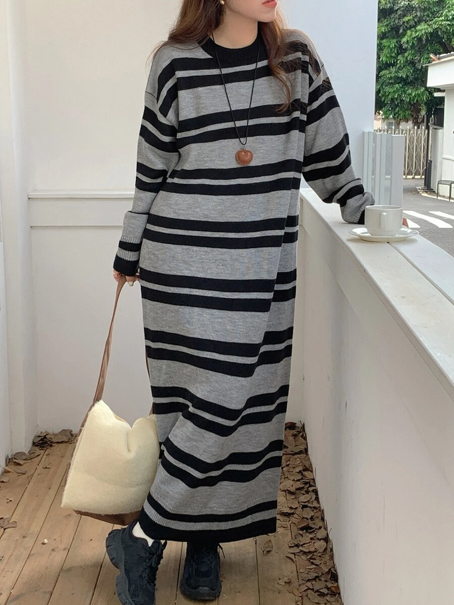 DAZY Women's Casual Loose Fit Round Neck Long Sleeve Striped Sweater Dress, Fall/Winter - Multicolor - View 1