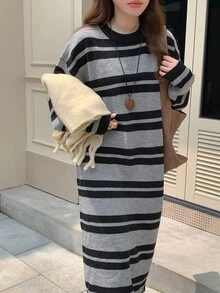 DAZY Women's Casual Loose Fit Round Neck Long Sleeve Striped Sweater Dress, Fall/Winter - Multicolor - View 4