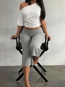 BamGleam Hot Girl Style White Asymmetrical Shoulder Short T-Shirt White Wide Leg Capri Pants Set Casual Sexy Two Pieces Lounge Club Brunch Summer Light Grey - Multicolor - View 2