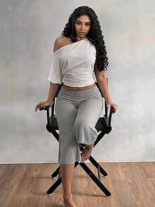 BamGleam Hot Girl Style White Asymmetrical Shoulder Short T-Shirt White Wide Leg Capri Pants Set Casual Sexy Two Pieces Lounge Club Brunch Summer Light Grey - Multicolor - View 6