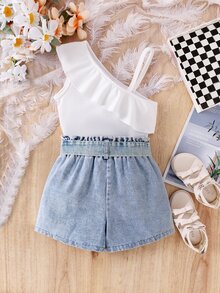 SHEIN Elladie kids 2件組少女活潑可愛不對稱上衣 + 牛仔短褲休閒童裝套裝 7歲生日 白色夏季 - 白色 - 查看 2