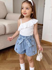 SHEIN Elladie kids 2件組少女活潑可愛不對稱上衣 + 牛仔短褲休閒童裝套裝 7歲生日 白色夏季 - 白色 - 查看 3