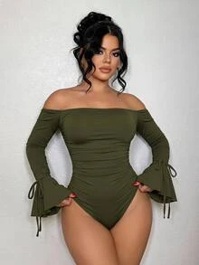 SHEIN SXY 女士露肩长款喇叭袖褶皱系带紧身衣 - 軍綠色 - 查看 2
