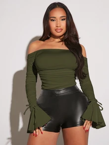 SHEIN SXY 女士露肩长款喇叭袖褶皱系带紧身衣 - 軍綠色 - 查看 6