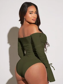 SHEIN SXY 女士露肩长款喇叭袖褶皱系带紧身衣 - 軍綠色 - 查看 4