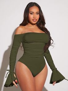 SHEIN SXY 女士露肩长款喇叭袖褶皱系带紧身衣 - 軍綠色 - 查看 7
