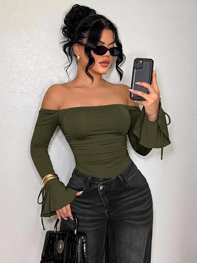 SHEIN SXY Women Off-Shoulder Long Flared Sleeve Pleated Belted Bodysuit